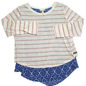 Matilda Jane Womens Large Mixed Media Striped Pointelle Knit Floral Hem Top